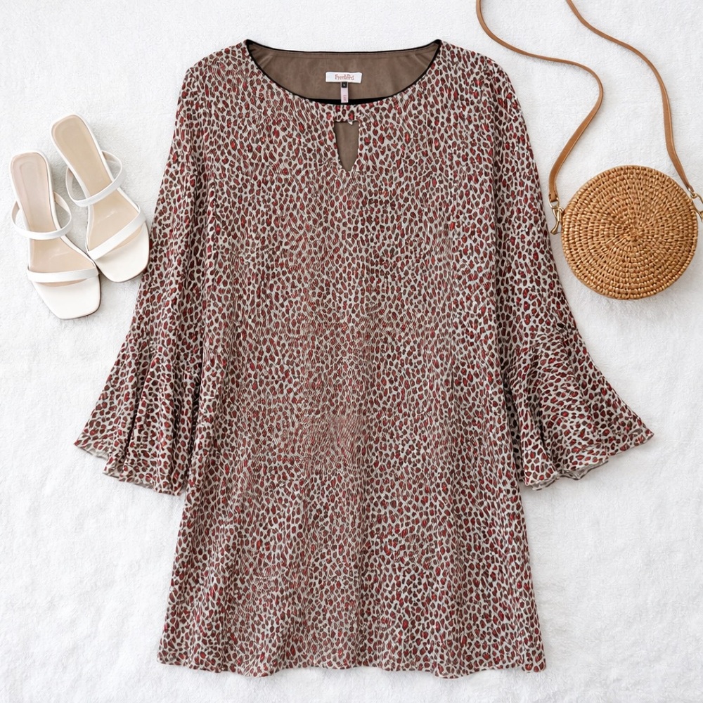 Freebird Leopard Print Shift Dress Size Large Bell Sleeve Keyhole Mini Tunic